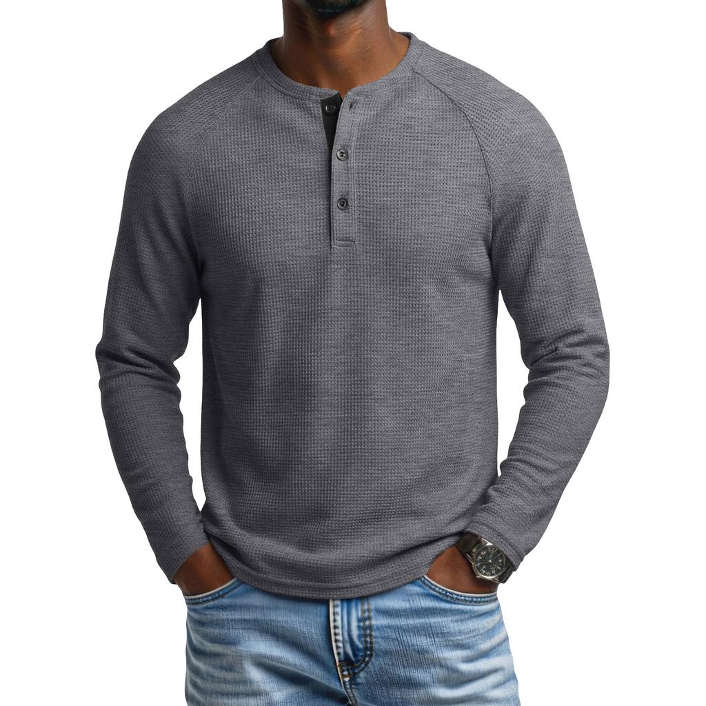 Men's Round Neck Long Sleeve Raglan T-Shirt with Button Placket for Casual Athletic Everyday Wear