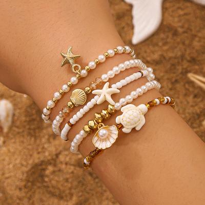 Elegant Multi-layer Imitation Pearl Bracelet Starfish Shell Turtle Pendant Bracelet Women's Summer Party Dating Jewelry