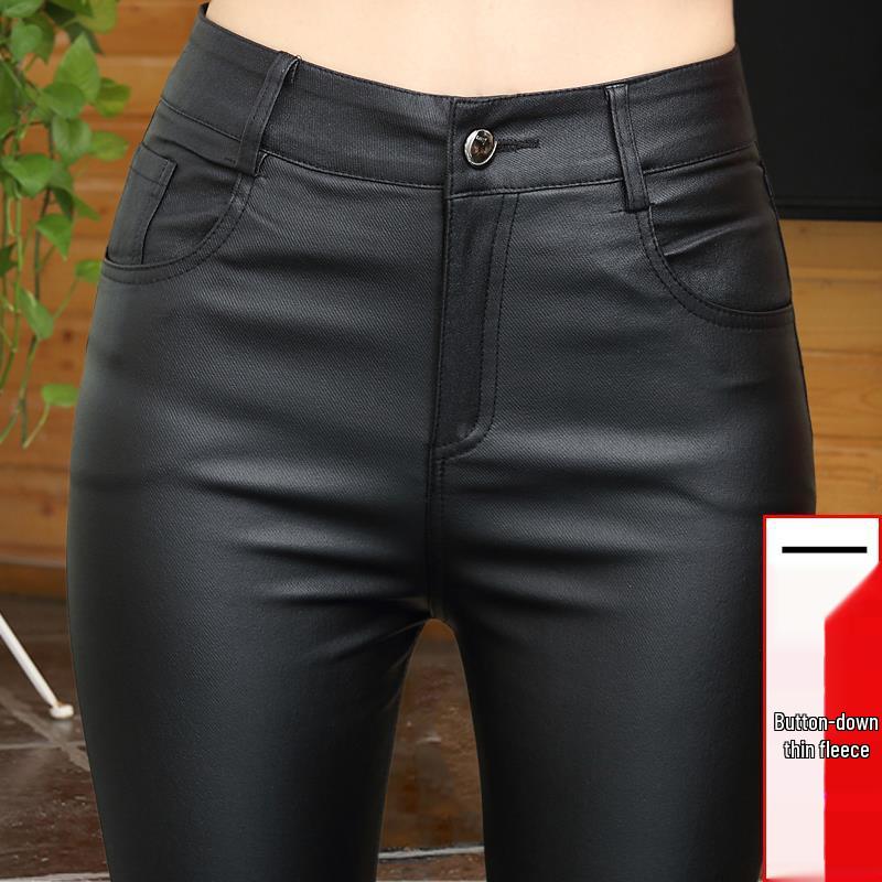 Women's High-Waist Matte Leather Skinny Pants - Elastic, Slimming, Plus Velvet, Autumn/Winter 2025.