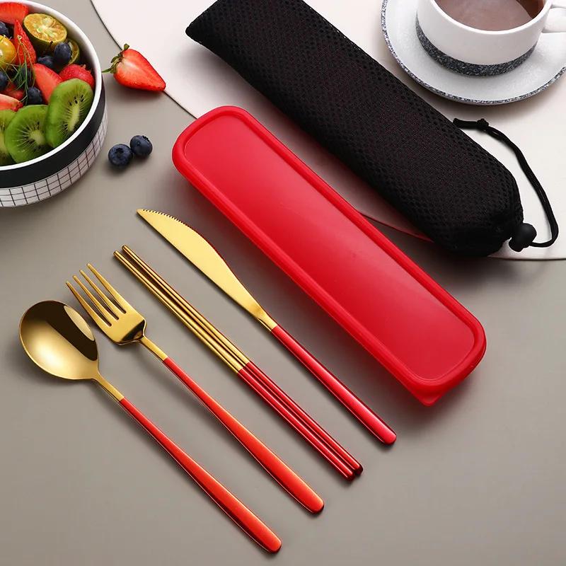 4Pcs Portable Tableware Set Stainless Steel Knife Fork Spoon Chopsticks Travel Tableware With Box Picnic Camping Cutlery Set