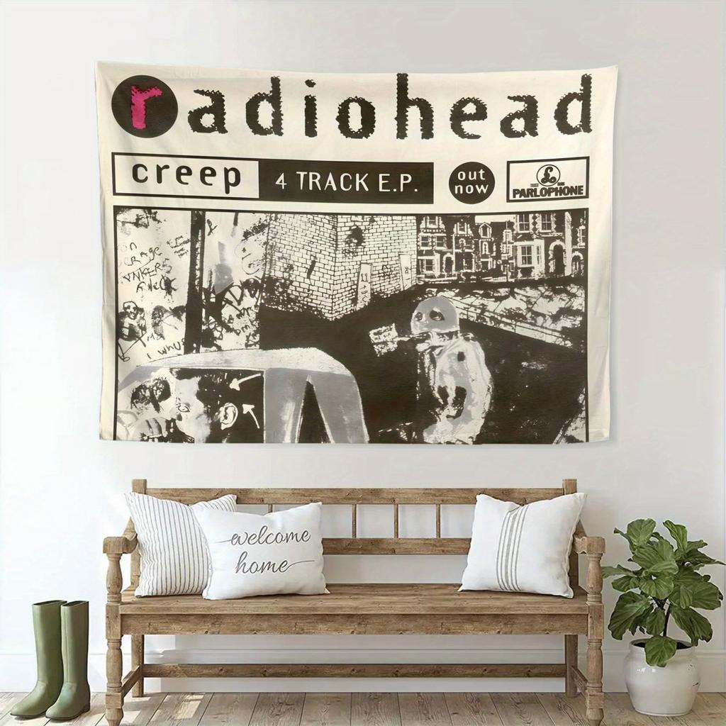 1 Stück Radiohead Creep 4-Track EP Druck Wandteppich 2D Polyester Wandbehang Alternative Rockband Dekor Wandteppich Geschenk für Musik