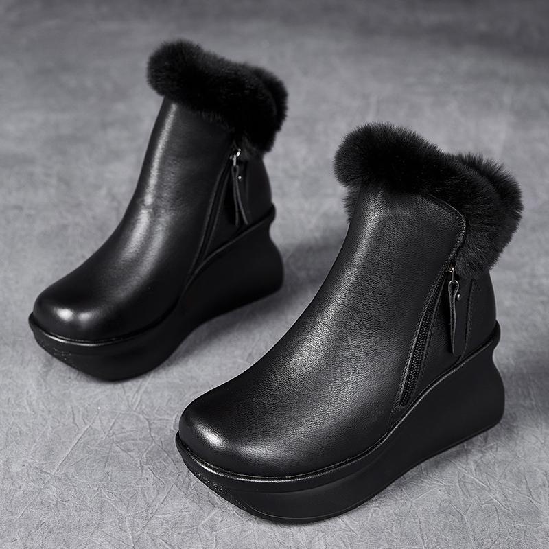 

GKTINOO Genuine Leather Women Boots Retro Shoes Rabbit Fur Winter Round Toe Double Zipper Handmade Concise Platform Boots 250