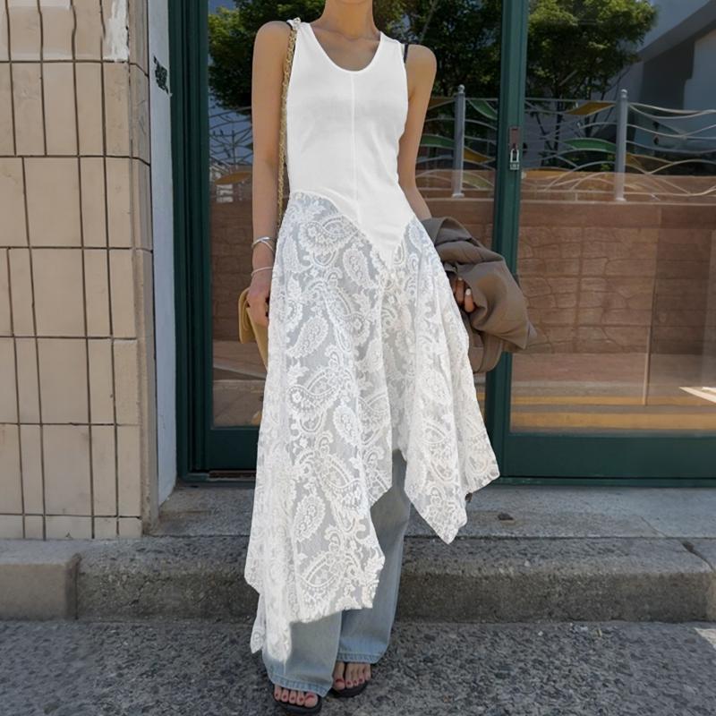 ZANZEA Women Casual Round Neck Sleeveless Lace Splice Summer Tank Dress M белый