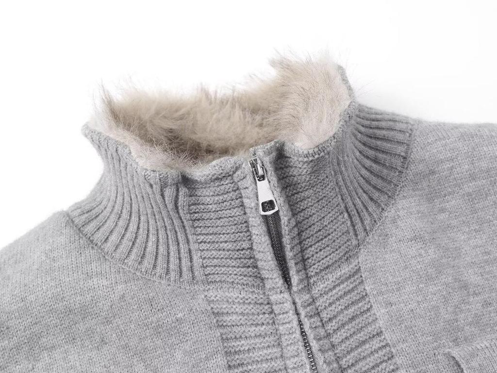 2026 Höst/Vinter Herrarbetsklädesstil Ståkrage Blixtlås Cardigan med Pälskrage