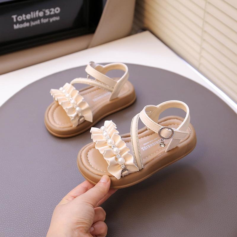 

Kids Beach Shoes Open Toes Sweet Folds Children Princess Shoes Beading Elegant 2025 Summer New Girls Sandals Hook&loop 26 бежевый