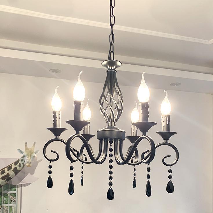 French Retro Black Wrought Iron Crystal Chandelier for Living Room, Dining Room, or Bedroom