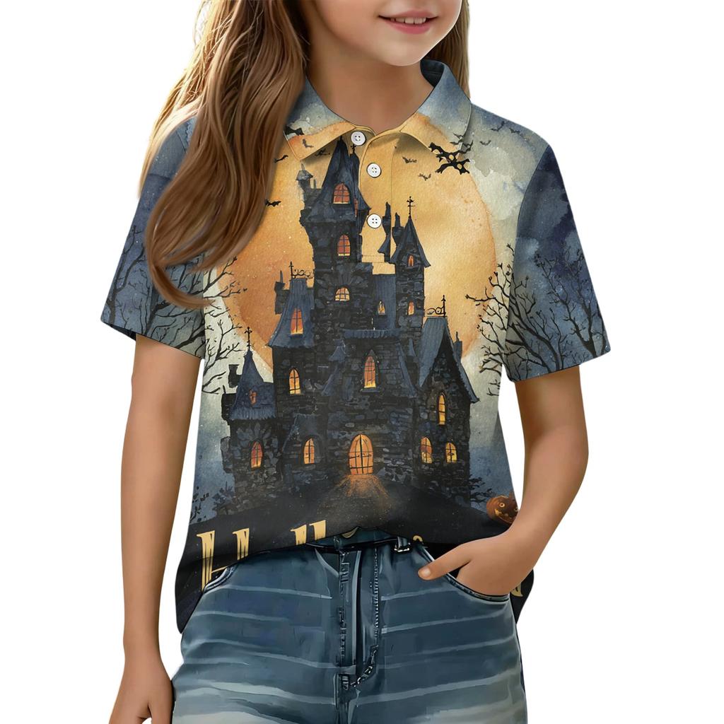 Kids Halloween Print Polo Shirt Short Sleeve Casual Tee Top with Button Collar for Boys Girls Comfortable Fit