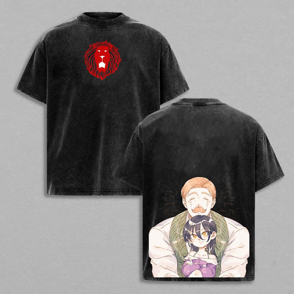 2026 Hot Sale Japanese Anime The Seven Deadly Sins Escanor Graphic Print Vintage Washed T-Shirt, Unisex Retro Loose Harajuku Y2K Cotton Summer Tee Top