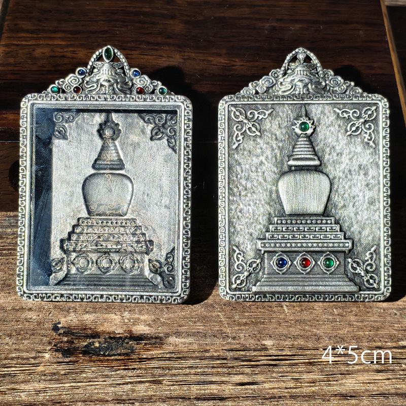 Wutai Mountain Tibetan Thangka Gau Box Pendant - Copper, Gold, Silver, Gemstones, Big White Pagoda Design