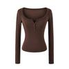 European American Cashmere Spicy Girl Square Neck Long Sleeve Slim Fit T-Shirt with Half Open Collar.