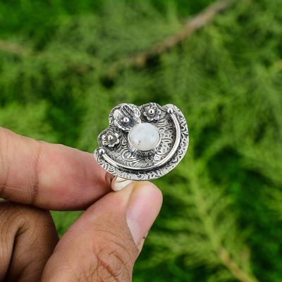 Natural Rainbow Moonstone Stackable Flower Adjustable Ring 925 Silver
