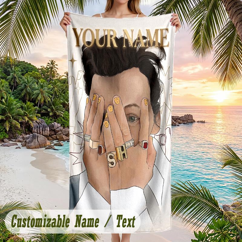 Harry Styles Beach Towel, Personalized Custom Name Text, Quick Dry Large Absorbent Towel For Beach Pool