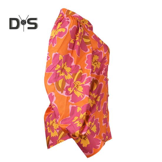 Damska koszula z klapami, bufiastymi rękawami, topy z kwiatowym nadrukiem, jednorzędowa, luźna, cienka bluzka odzież robocza