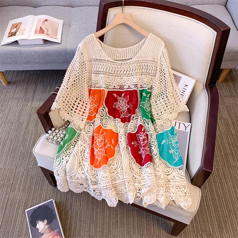 

DIMANAF 2025 New Summer Women Long Basic Knitted Dress Sleeve Colorful Lace Dresses Casual Loose One Size