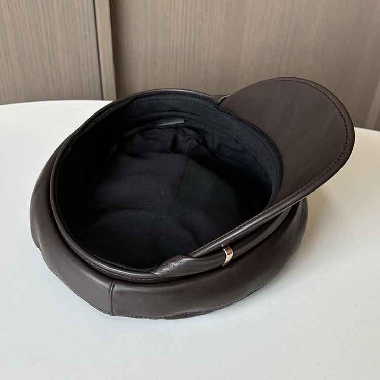 New Retro Pu Leather Octagonal Hat Women's Spring and Autumn Temperament Versatile Flat Top Face Little Painter Hat Newsboy Hat