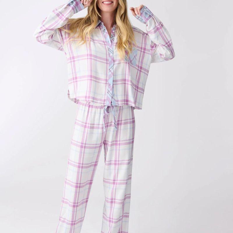 

New Arrival Fashion Plaid Printed Casual Loose Two-Piece Pajamas Shirt-Style Long Sleeves Pants Shoelace Homewear Purple L