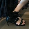 Fashion Summer New Square Toe Open Toe Metal Buckle Booties Women's Cutout Fish Mouth Stiletto Non-slip Women's Sandals