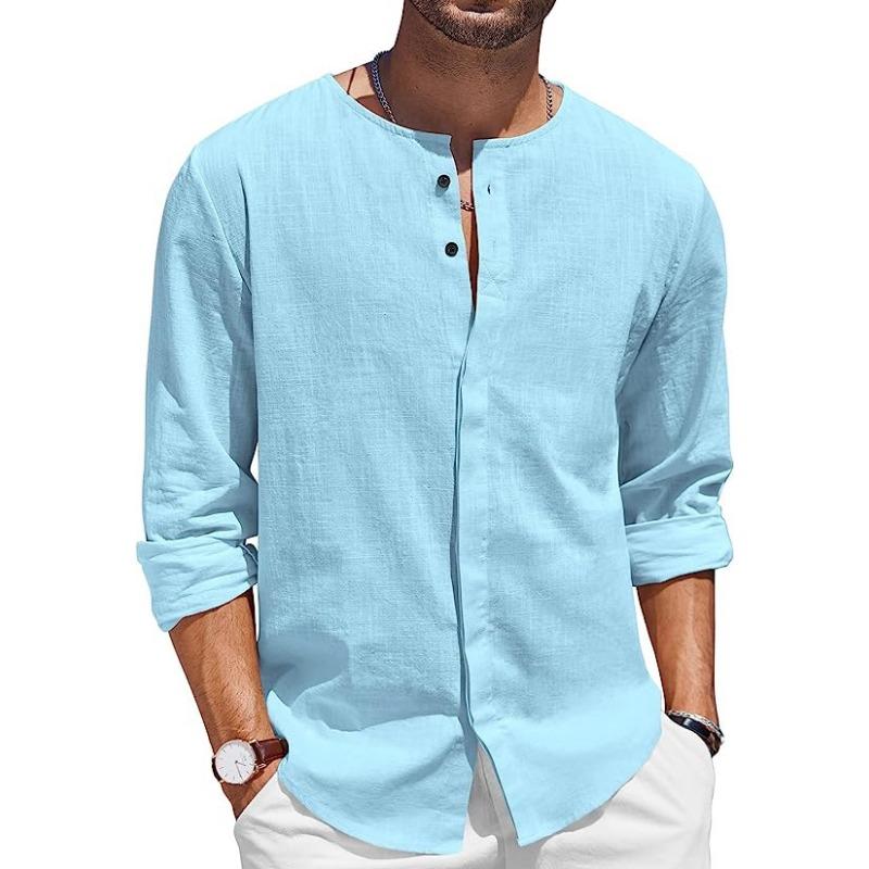 Foreign trade men's cotton and linen shirt long-sleeved T-shirt button-neck casual beach shirt