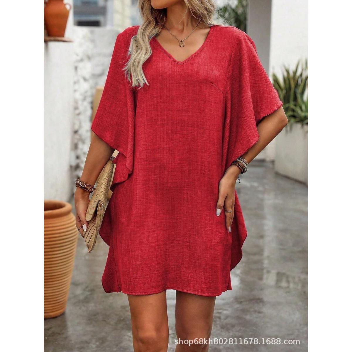 

Solid Color V-neck Ruffle Sleeve Loose Straight Casual Dress for Women, New Fashion European American Style XXL червоний