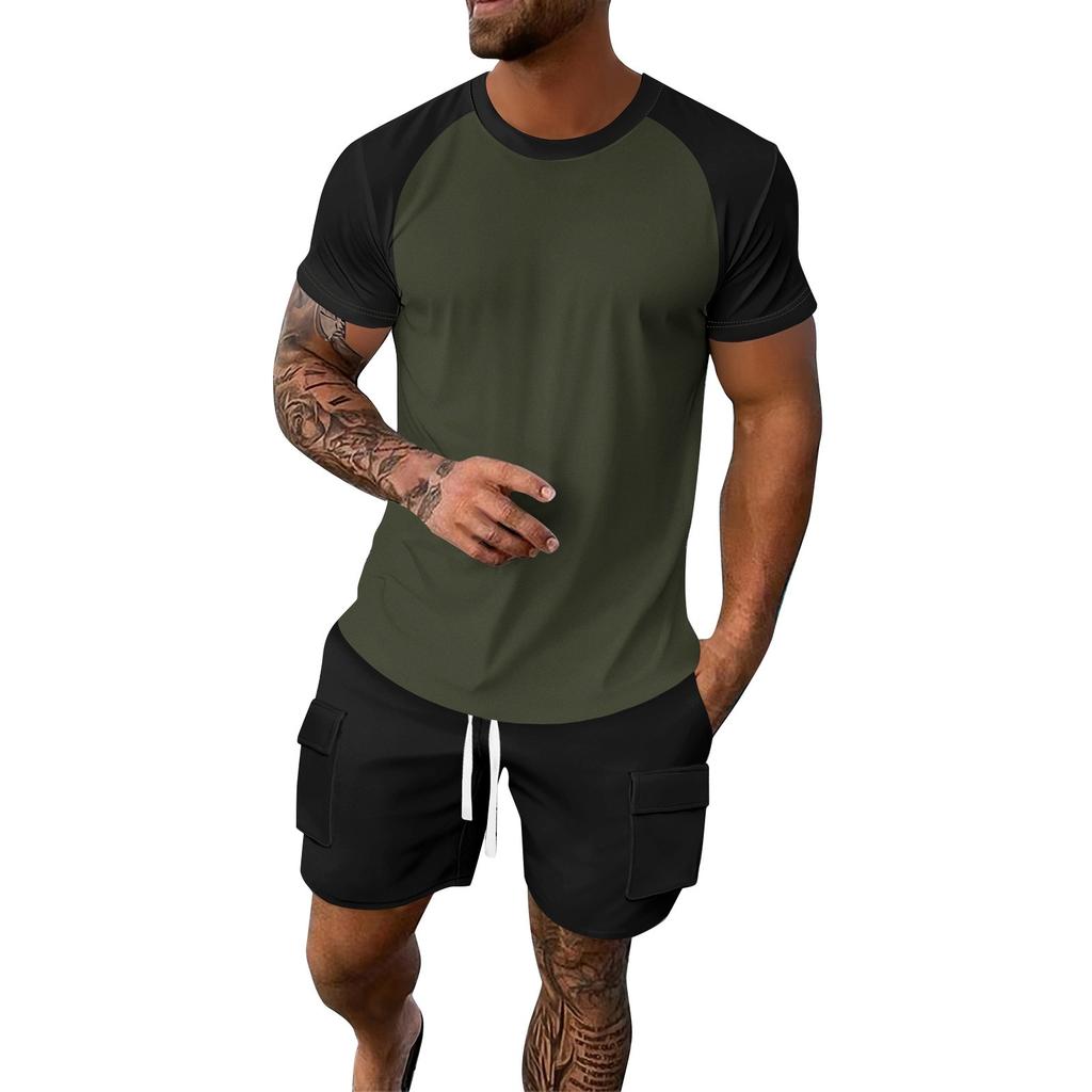 Men's Summer Solid Color Loose Plug-In Short-Sleeved Round Neck Top Workwear Shorts Suit