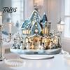 Winter Themed Decorative Art Christmas Acrylic Ornament, 2D Flat Snowy Cottage Ornament with Base, Small for Desk Display Santa Snowman Table