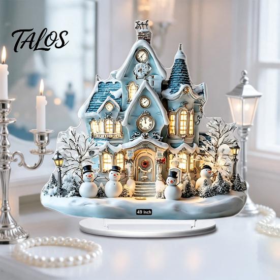 Winter Themed Decorative Art Christmas Acrylic Ornament, 2D Flat Snowy Cottage Ornament with Base, Small for Desk Display Santa Snowman Table