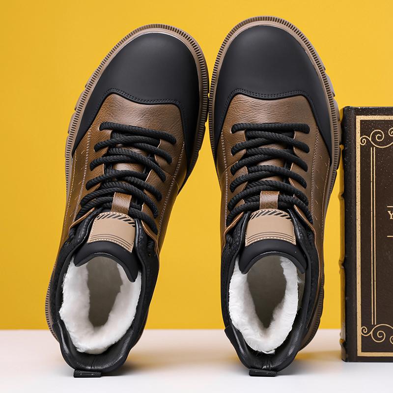 2026 Fashion Men's Warm Winter Boots Genuine Leather Upper with Thick Furry Lining & Anti-Slip Sole for Cold Weather Activities