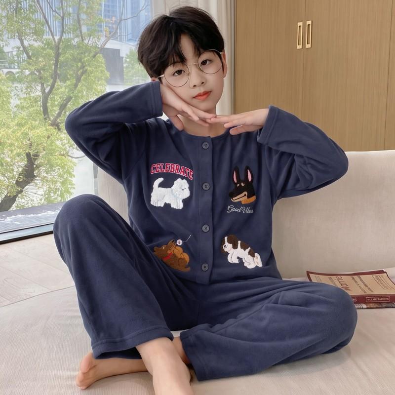 Boys Warm Fleece Pajama Set Long Sleeve Cartoon Print Sleepwear Kids 8 Years Home Wear Fall