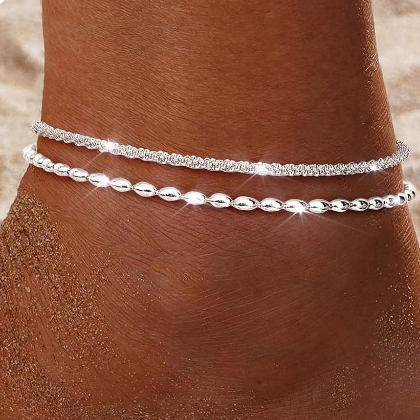 Bobisty Gold Plated Ankle Bracelets for Women Adjustable Anklets Waterproof Dainty Layered Ankle Chains Beaded Rope Link Beach