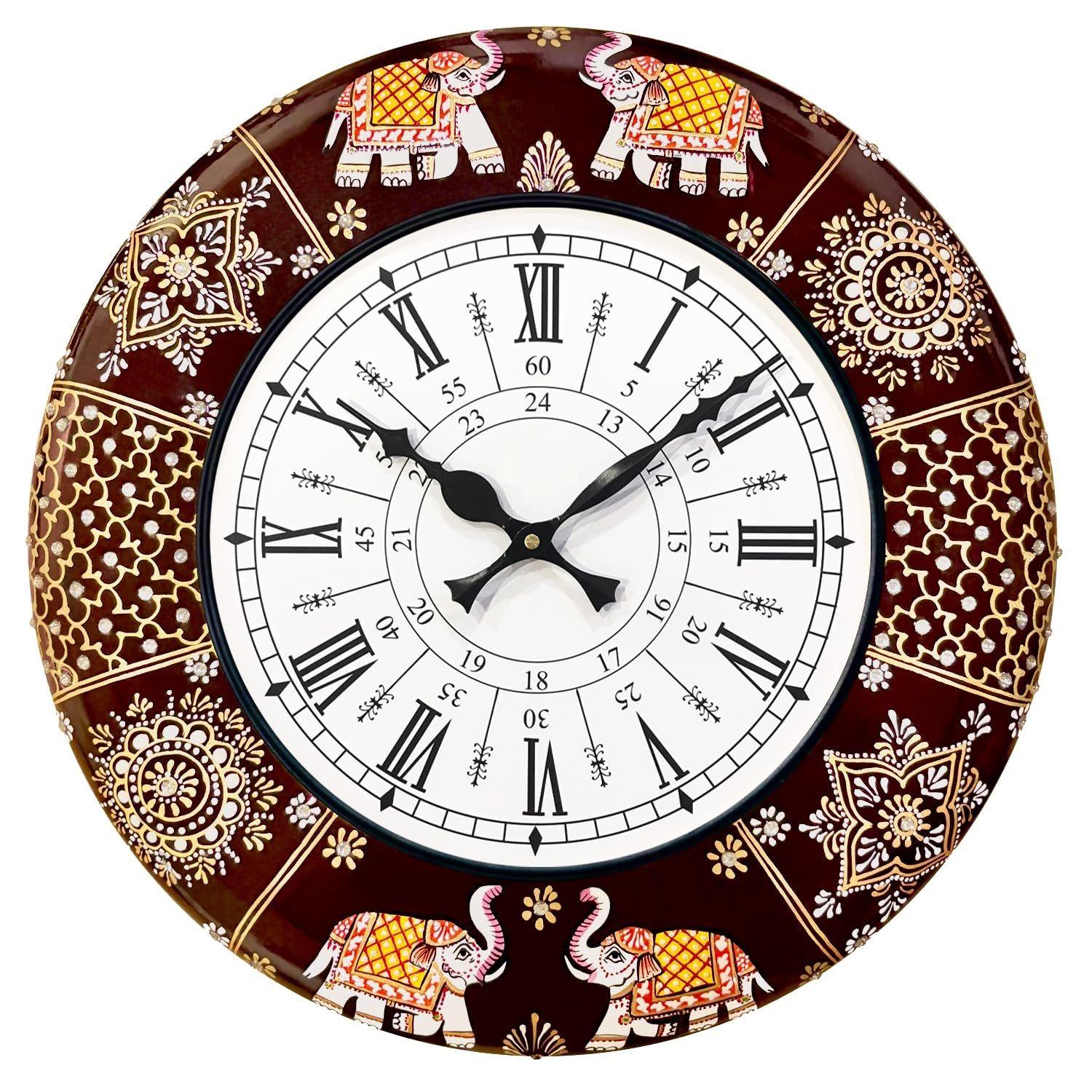 

Ethnic Handcrafted Decorative Analog Wall Clock with Rajasthani Elephant Painting | Brown Wooden Clock for Living Room | 24 Hours |16 Inch| 16 INCH