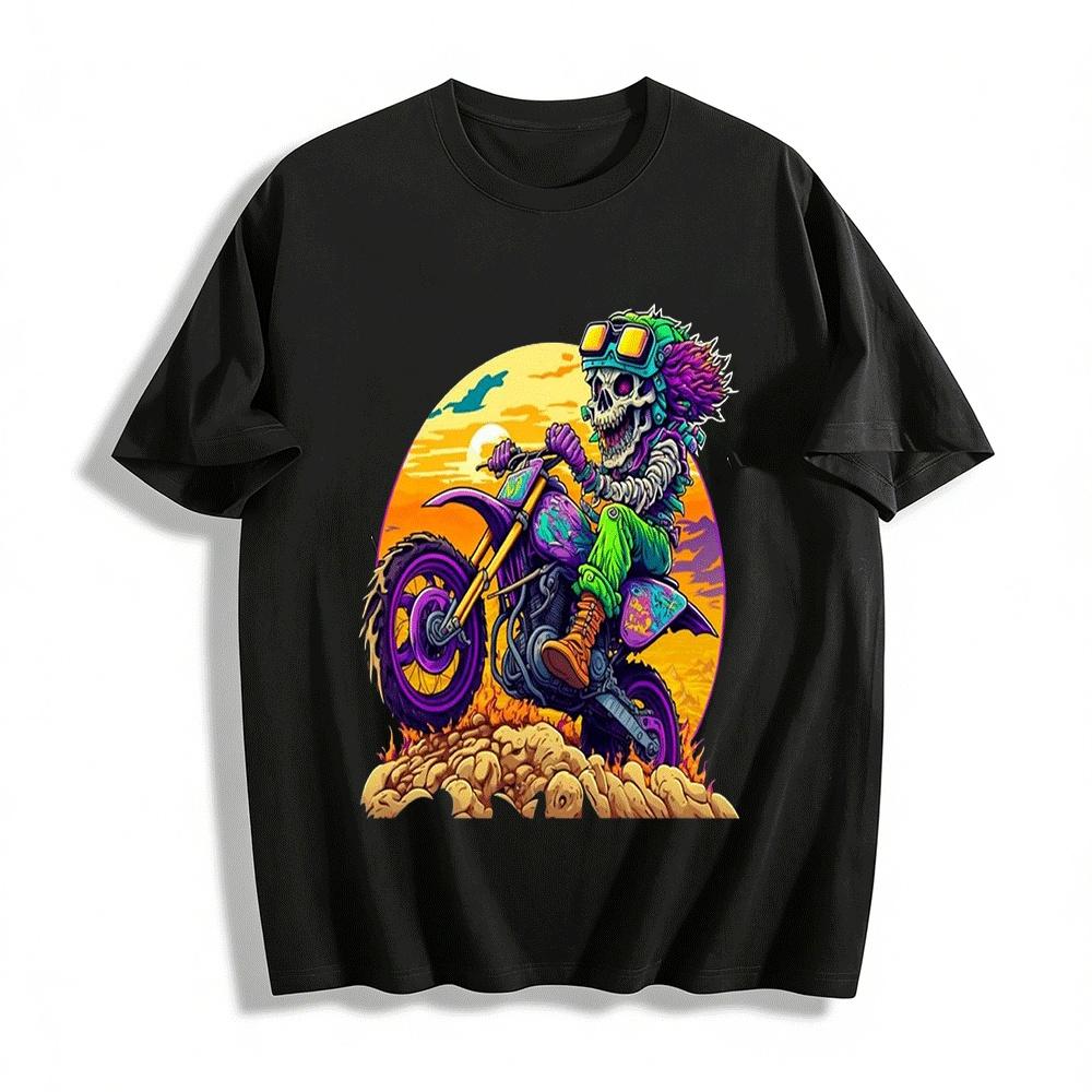 Skeleton Motocross Cool Motorcycle Graphic Print Short Sleeve T-Shirt Pure cotton T-shirt XXS