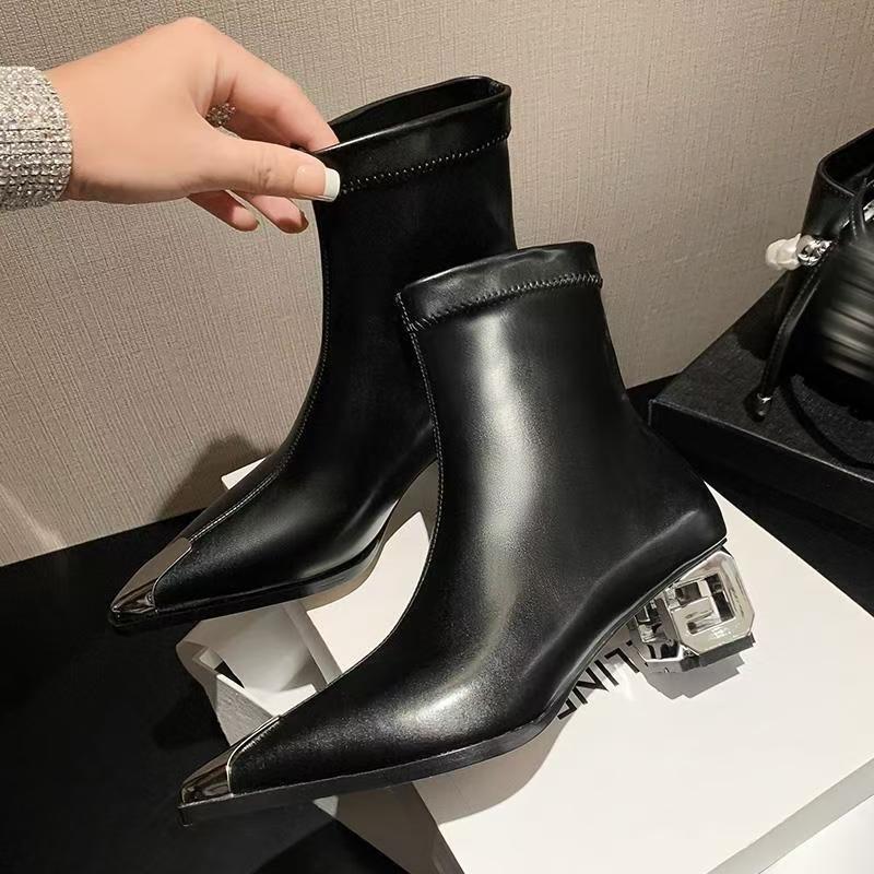 Brand Design Leather Custom V-Mouth Zipper Boots Retro Pointed Special-Shaped Heel Knight Boots Sexy Chelsea Women's Boots