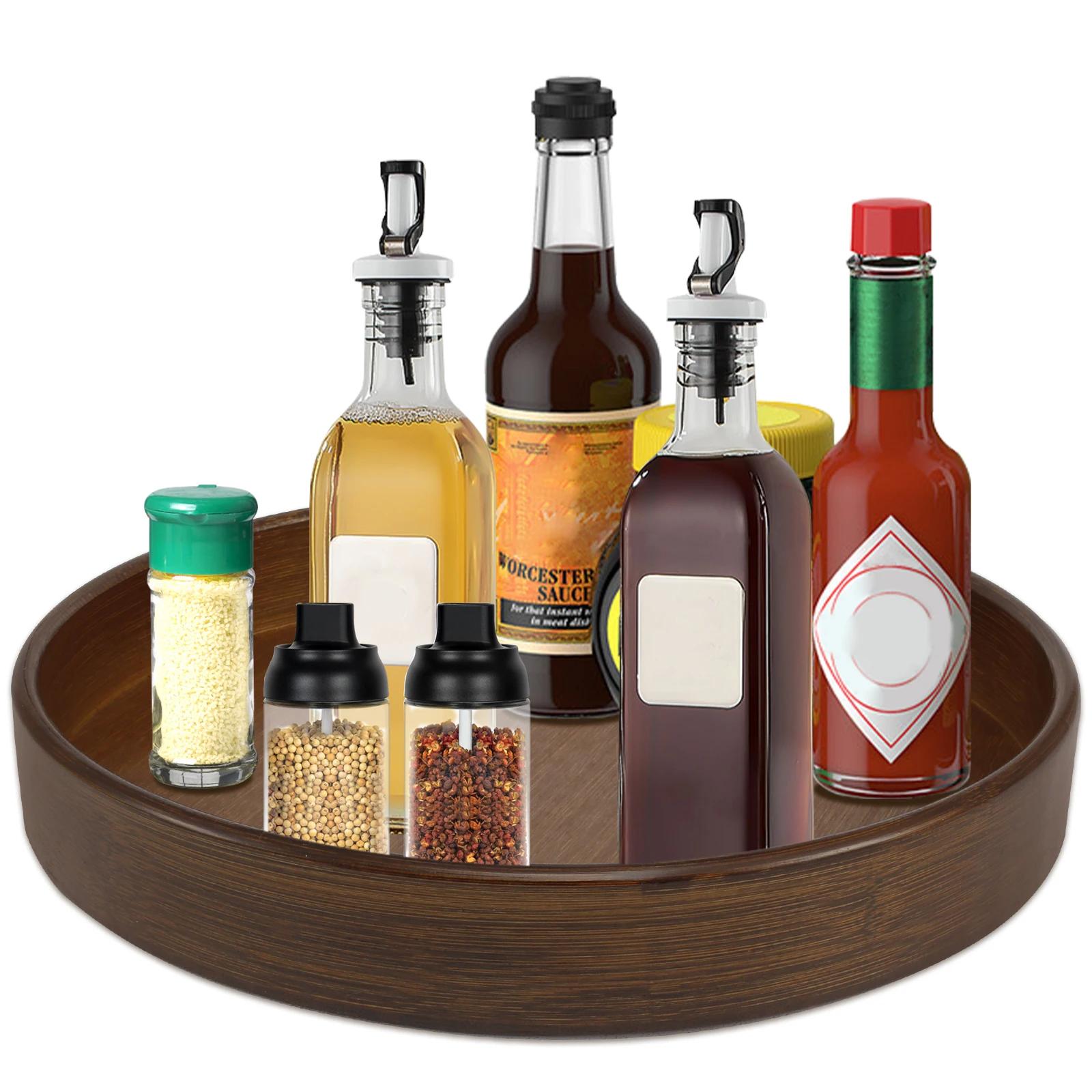 360 Rotating Wood Tray Seasoning Storage Rack Pantry Cabinet Turntable Lazy Susan Kitchen Spice Organizer  Accessories marrone
