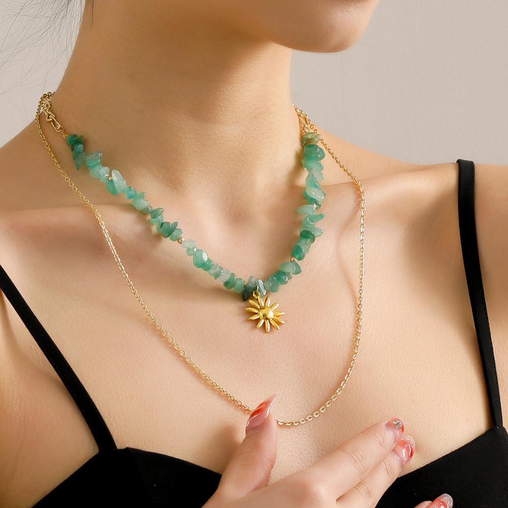 Trendy Fashionable Alloy Double Layer Necklace Featuring Natural Stone Beads