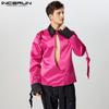 INCERUN Men Lapel Neck Long Sleeve Satin Shirts Solid Color Bandage Hollow Front Cross Tops