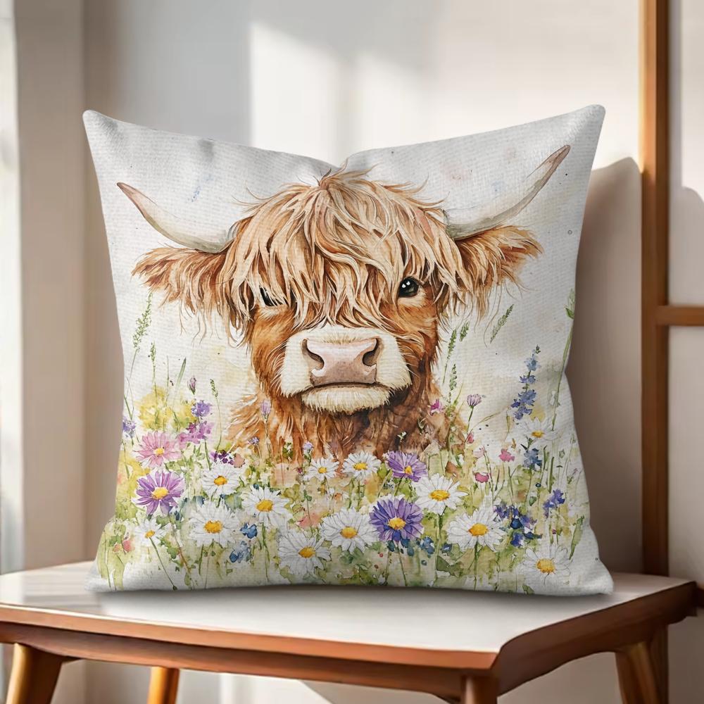 Scottish Highland Cow Cushion Cover Natural Linen Organic Fabric DoubleSided Printing Couch Pillow Covers Home Decor Gift