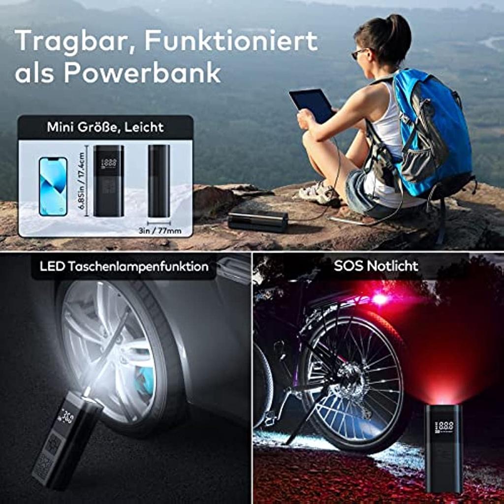 Elektryczna pompka powietrza z baterią 6000 mAh 150 Psi przenośna pompka rowerowa do wszystkich zaworów z cyfrowym wyświetlaczem LCD i światłem LED Mini kompresor do roweru