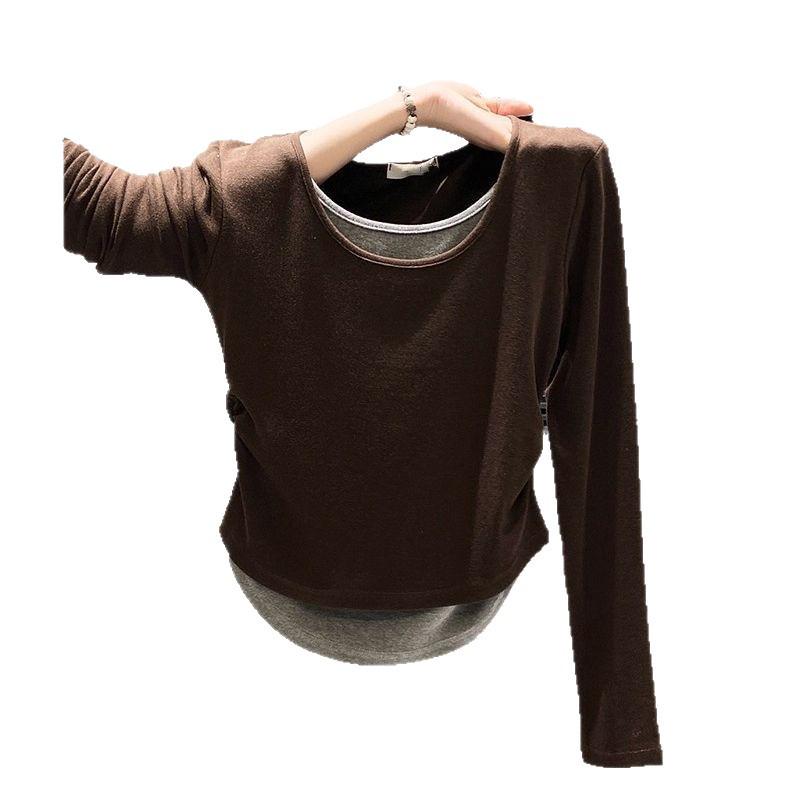 Samt-Schicht-Langarm-T-Shirt in Übergröße für Damen - Schlankmachendes Herbst-/Winter-Oberteil
