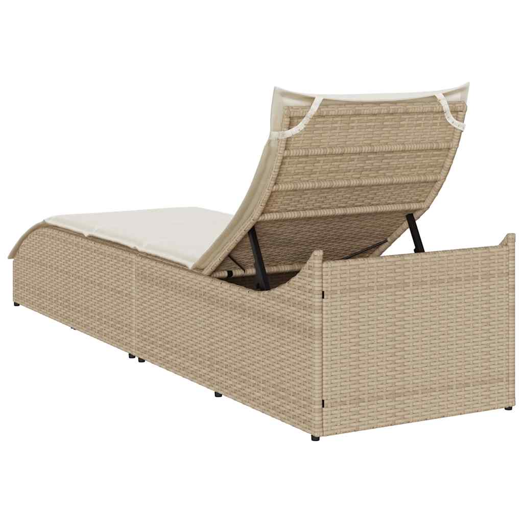 Folding Sun Lounger with Cushion and Storage Space Beige Poly Rattan
