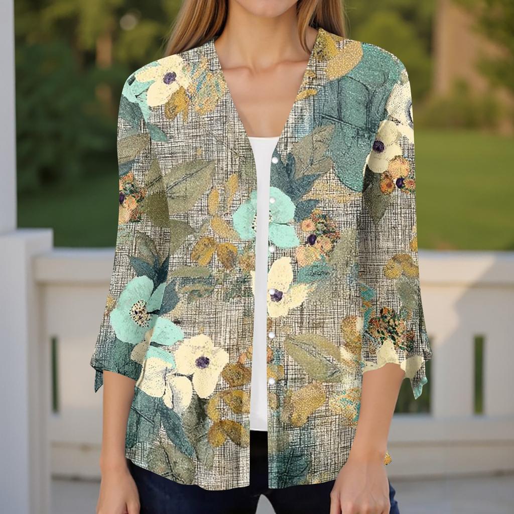 Women's Casual V Neck Loose Fit Blouse Seven Quarter Sleeve Floral Print Button Front Ruffle Sleeve Shirt