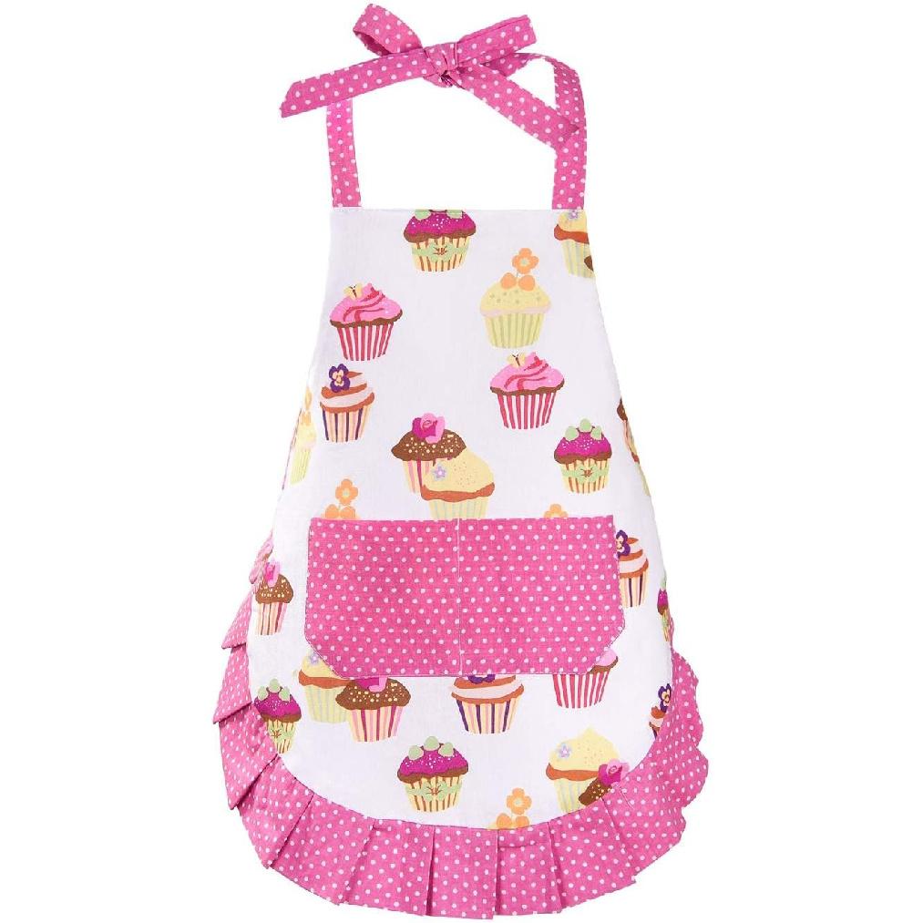 ASPMIZ Cupcake Kids Apron, Pink Baking Bib Apron for 2-6 Years Child, Cute Chef Apron with Pockets for Gardening Painting, Adjustable Kitchen Apron