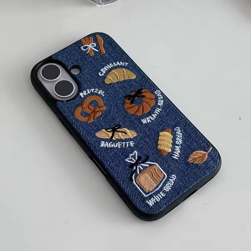 Retro Denim Embrpoidery Bread Toast Warm Fabric Phone Case For iPhone 17 Air 16 15 14 13 Pro Max Lovely Back Cover
