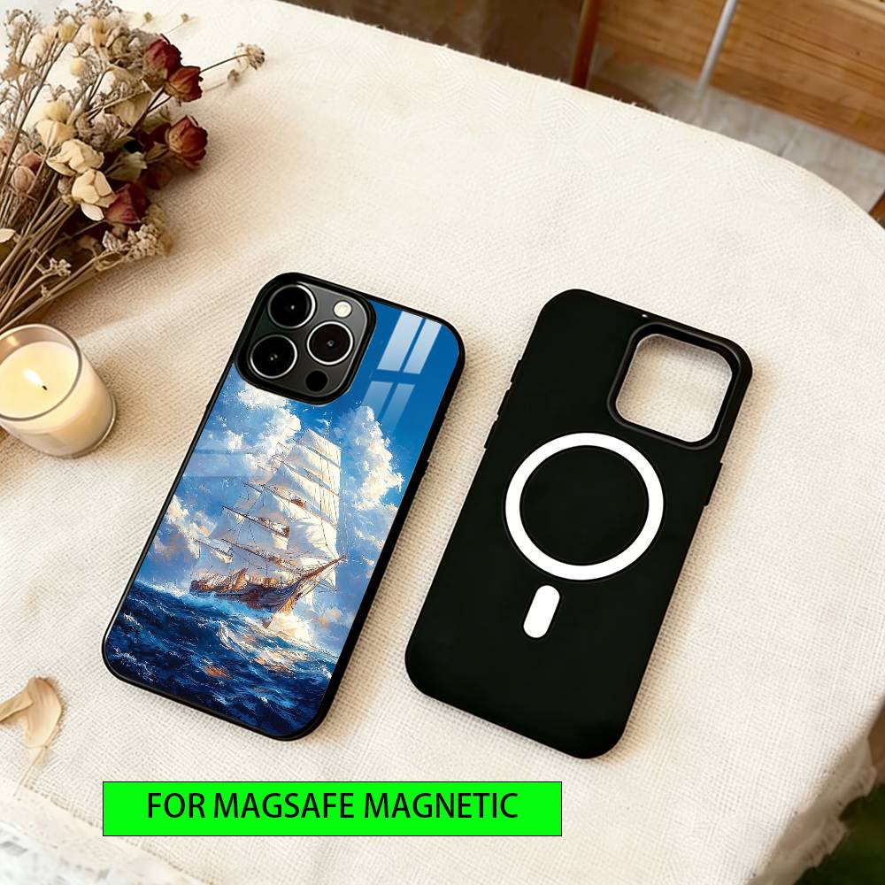 Sailing Ship Phone Case For iPhone17,16,15,14,13,12,11 Plus,Pro Magnetic For Magsafe Wireless Charging