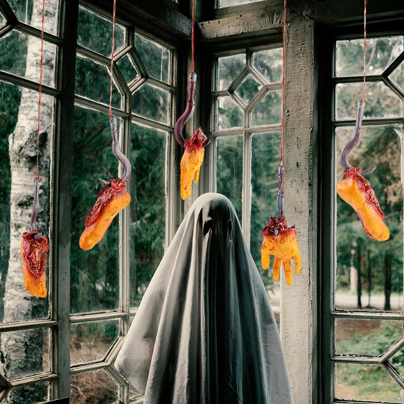 1set Halloween Bloody Foot Hands Fake Scary Severed Broken Body Parts With Hook For Halloween Party Hanging Decoration Props