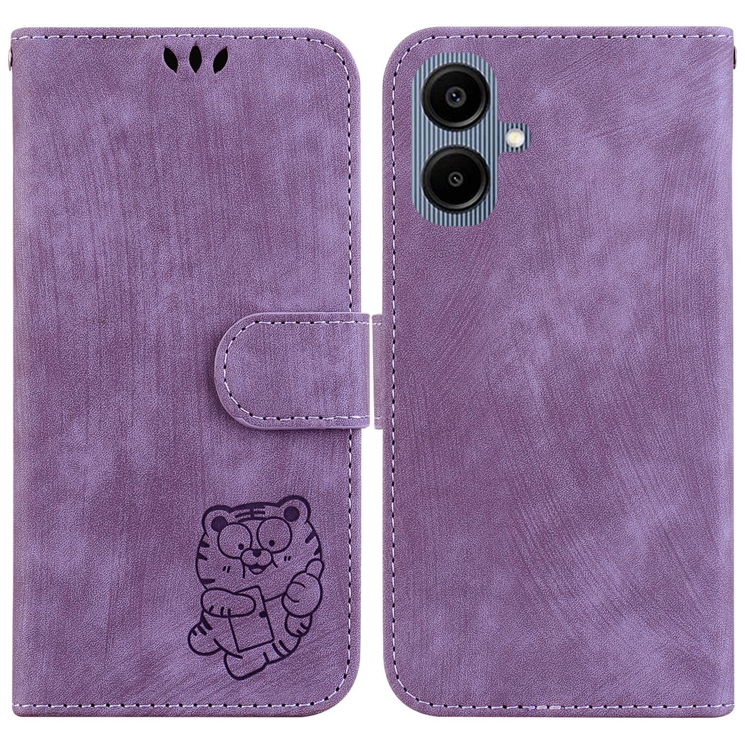 

For Samsung Galaxy A07 5G Wallet Case Tiger Imprint Leather Shockproof Phone Cover with Wrist Strap Purple