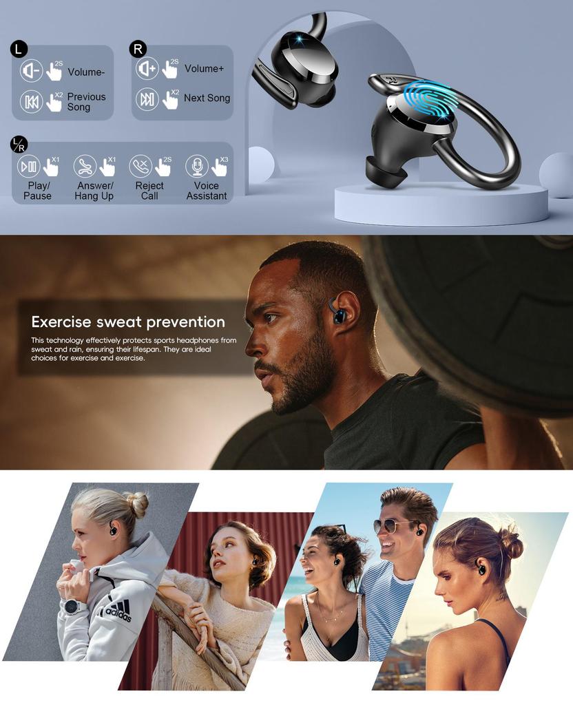 Q38 Waterproof Bluetooth In-ear Earphones with Digital Display - New Model, Hot-Selling Sports Ear-hook Stereo.