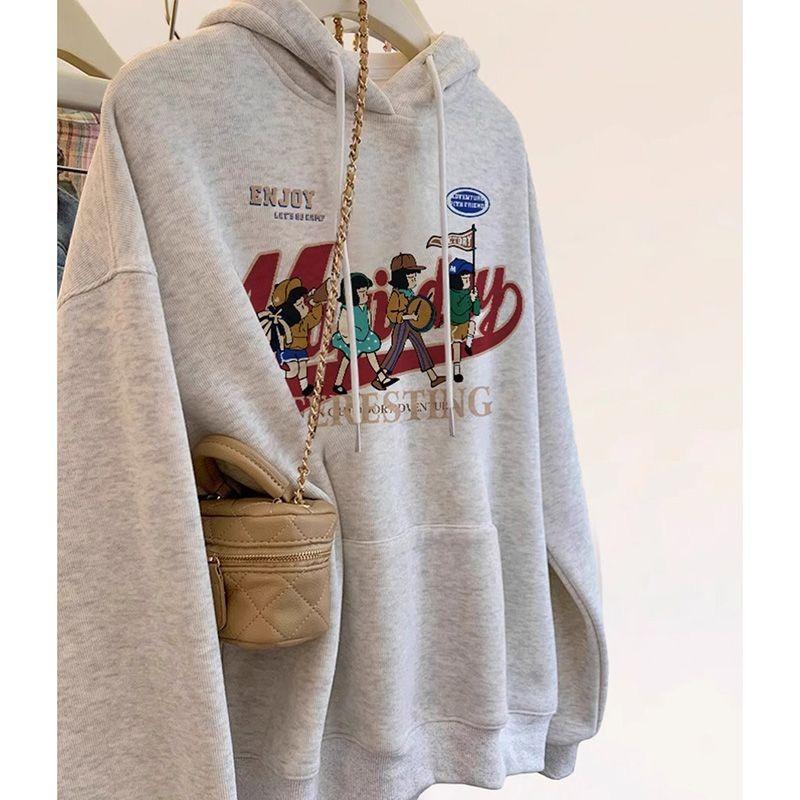 Grey Front Shoulder Hooded Sweater Women's Lazy Wind Loose Pullover Long Sleeve Top