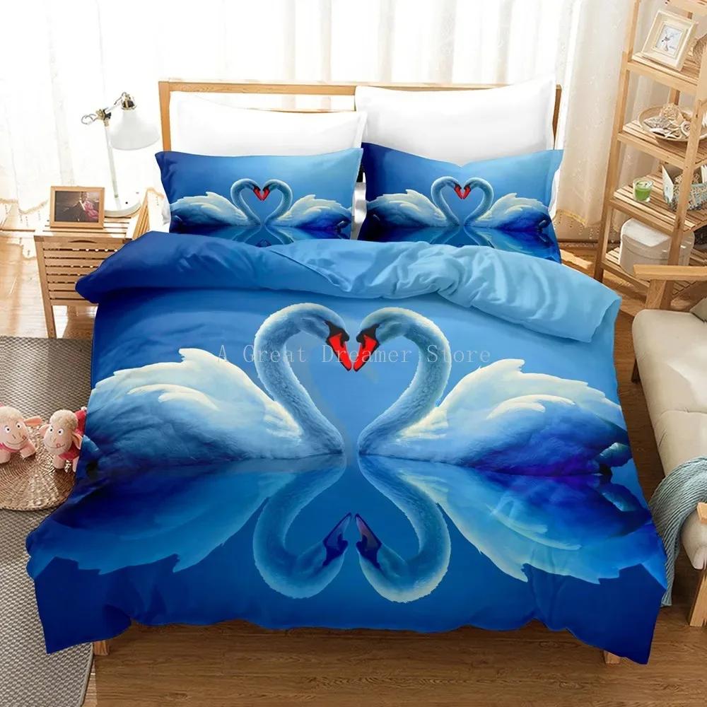 The Lover White Swan Bedding Sets Animal Duvet Quilt Cover Set Blue Pink Comforter Bed Linen And Pillowcase