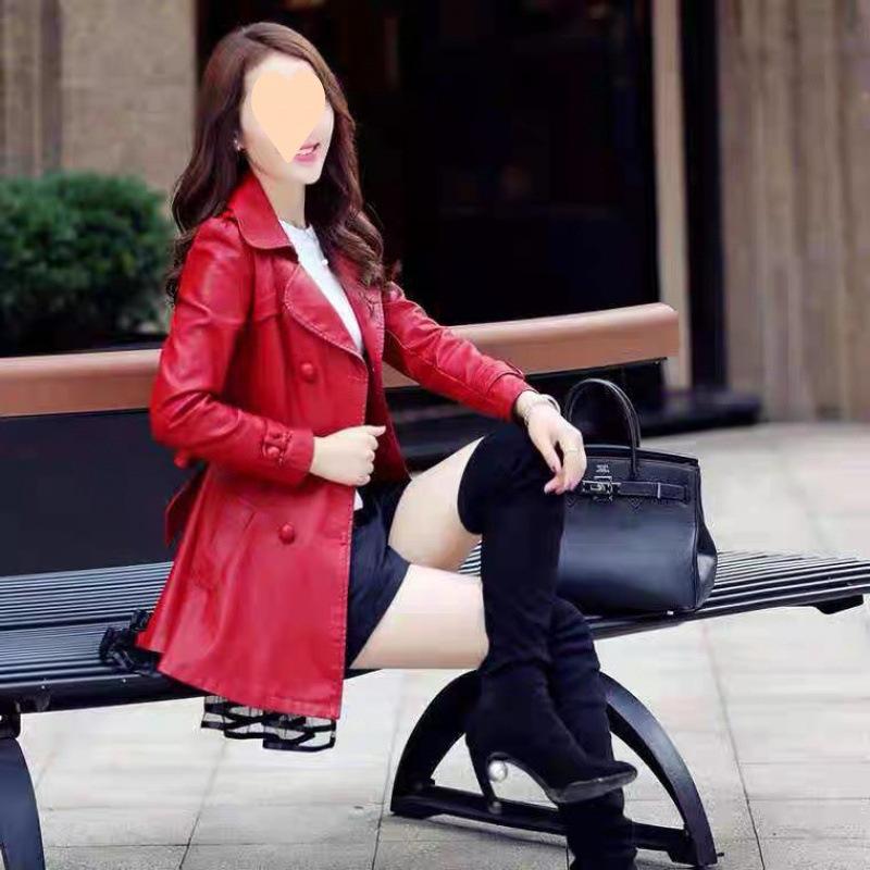 Long Leather Jacket Women Leather Coat Female Autumn Ladies Lace Leather Jackets Coats Black