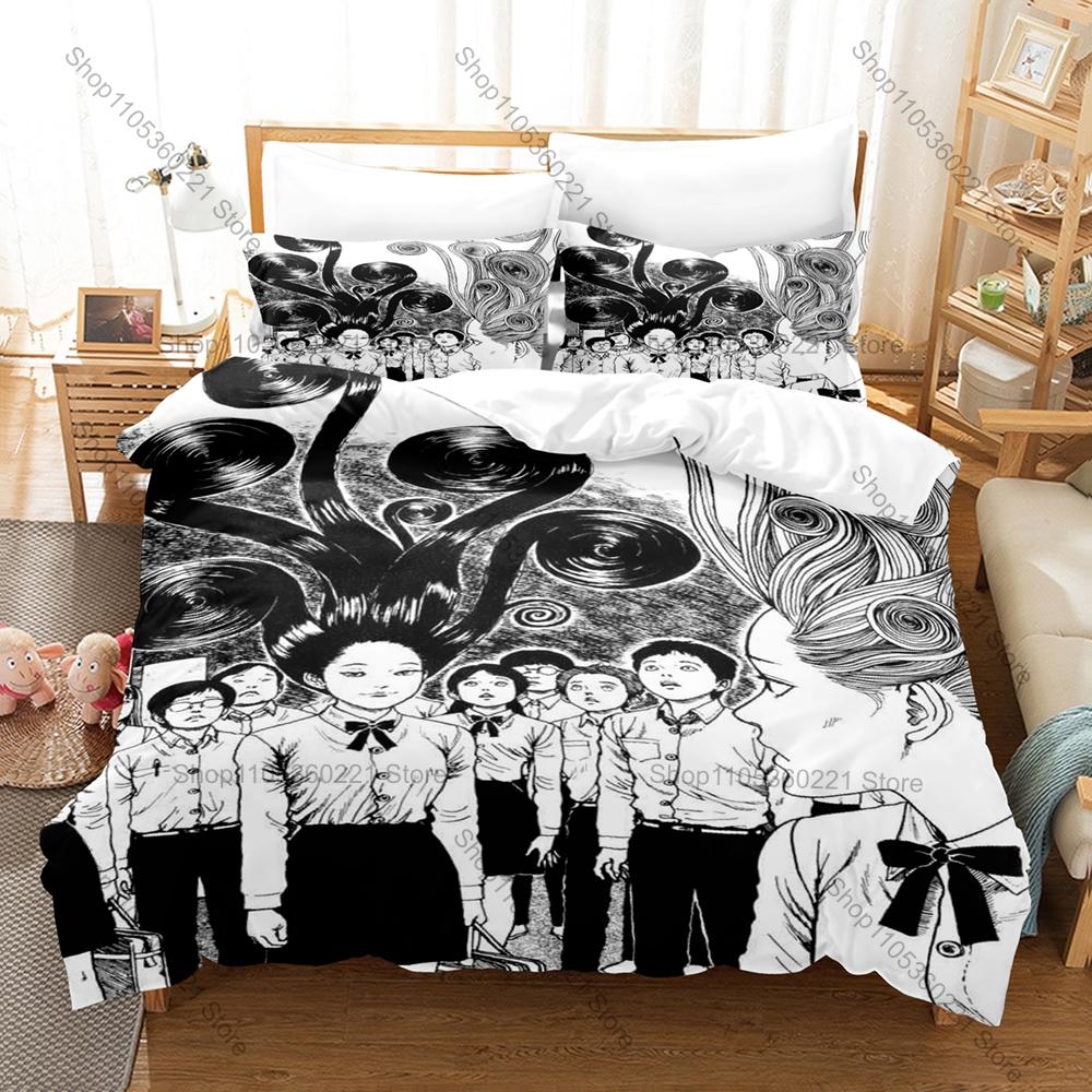 Man Manga Junji Ito Duvet Cover + 2 Pillowcases Japanese Horror Manga Dark Creepy Character Print Soft Bedding Decor For Horror